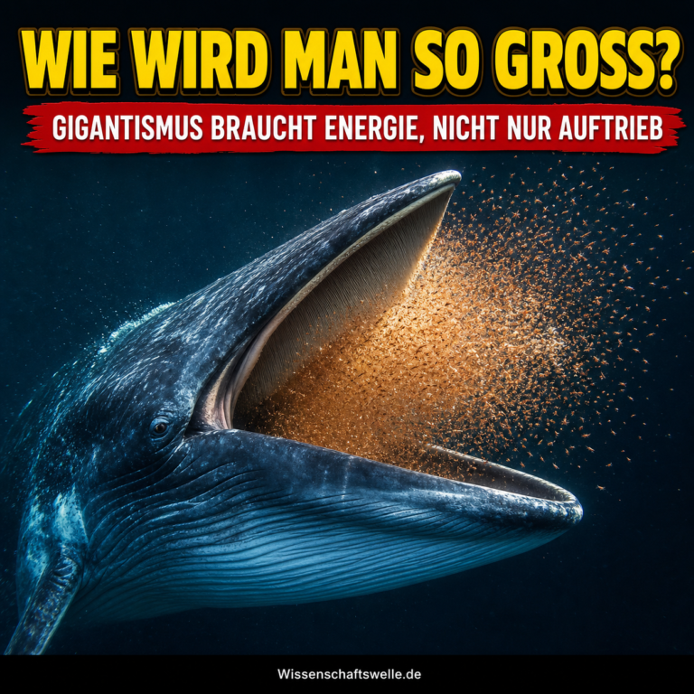 Blauwal nimmt einen dichten Krillschwarm auf; darüber die gelbe Headline Wie wird man so groß? und ein rotes Banner zur Energie von Meeresgiganten.