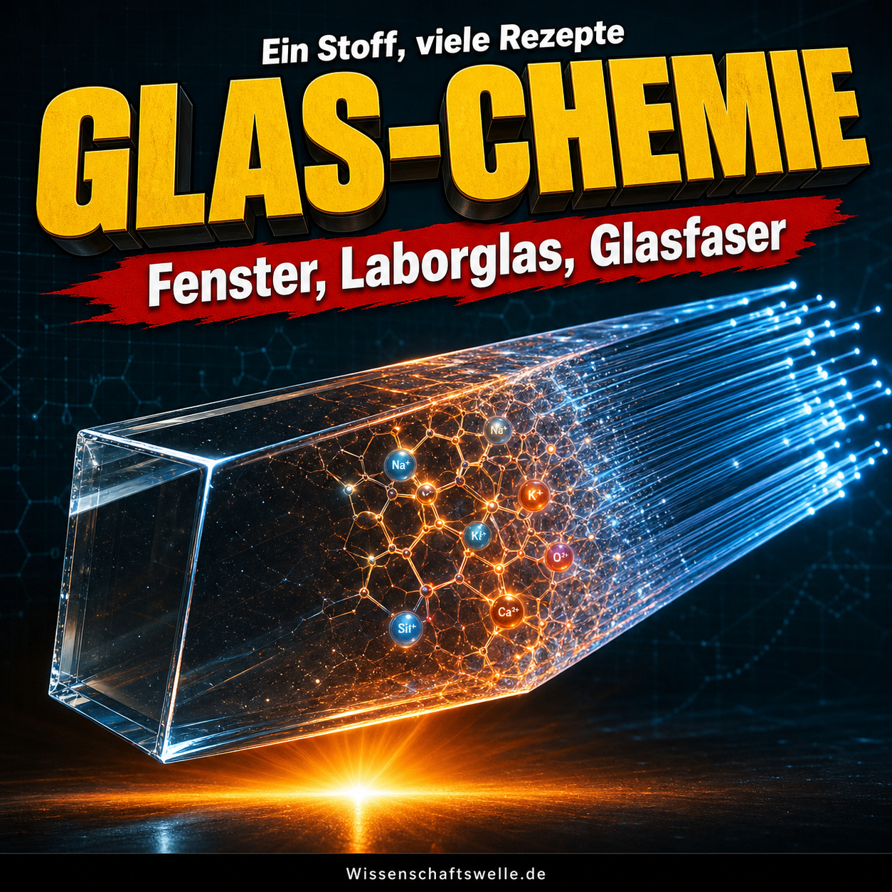 Ein dramatisch beleuchtetes transparentes Glasprisma, das sich von klarem Fensterglas zu leuchtenden Glasfasern wandelt.