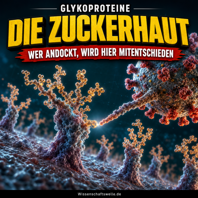 Wissenschaftswelle-Cover mit gelber Überschrift Die Zuckerhaut, rotem Banner und einer dramatischen Zelloberfläche, an der ein virusartiger Partikel fast an ein glykosyliertes Oberflächenprotein andockt.