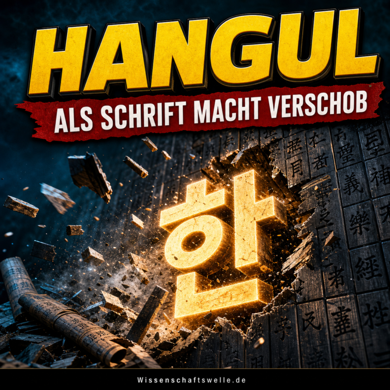 Wissenschaftswelle-Cover mit großer gelber Überschrift HANGUL, rotem Banner und einem leuchtenden Hangul-Zeichen, das durch eine dunkle Wand mit chinesischen Schriftzeichen bricht.