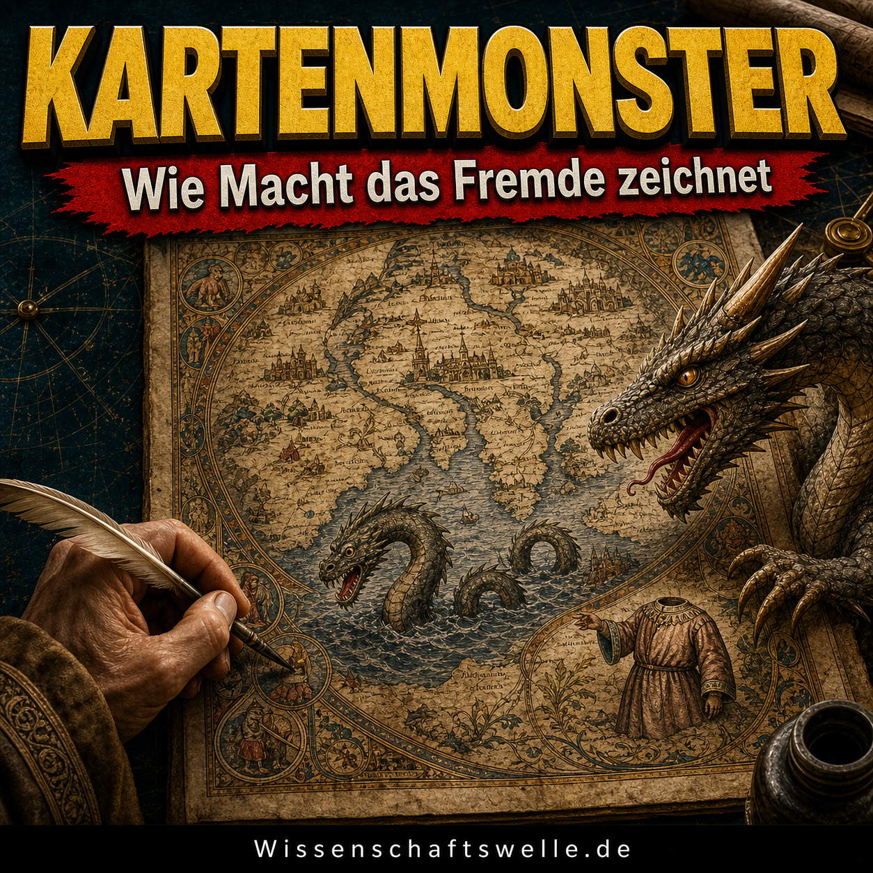 Quadratisches Cover im Stil eines dramatisch beleuchteten mittelalterlichen Pergamentglobus mit Seeungeheuer, Drachenkopf und Randfiguren, darüber die gelbe Überschrift „KARTENMONSTER“ und der rote Banner „Wie Macht das Fremde zeichnet“.
