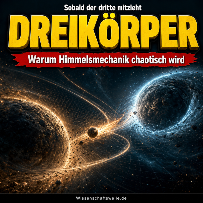 Ein dramatisches Wissenschaftswelle-Cover zeigt zwei große Himmelskörper und einen kleineren dritten Körper, dessen Bahn zwischen beiden in ein chaotisches Gravitationsgeflecht kippt; darüber steht DREIKÖRPER.