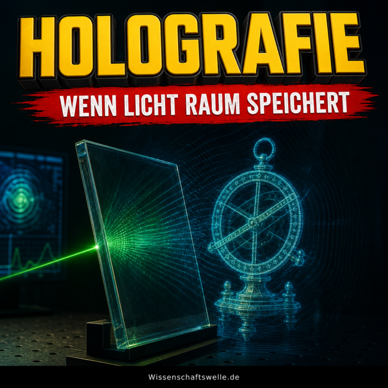 Eine grüne Laserlinie trifft eine transparente Platte, aus der sich die blau leuchtende räumliche Rekonstruktion eines astronomischen Instruments bildet.