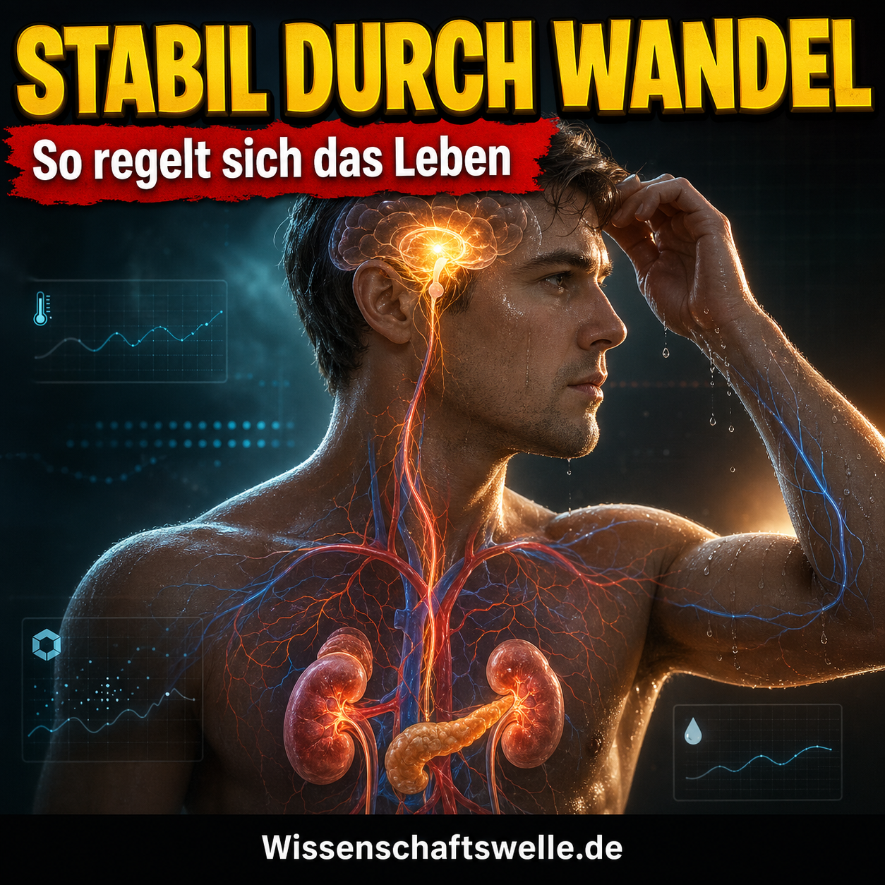 Porträt eines verschwitzten Mannes mit leuchtendem Gehirn, Nieren und Bauchspeicheldrüse als Symbol für Temperatur-, Wasser- und Zuckerregulation.