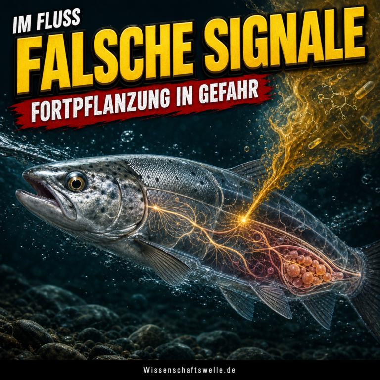 Ein großer Flussfisch im dunklen Wasser, dessen halbtransparenter Körper von leuchtenden hormonaktiven Signalen durchzogen wird, während eine gelbliche Schadstofffahne auf ihn trifft.