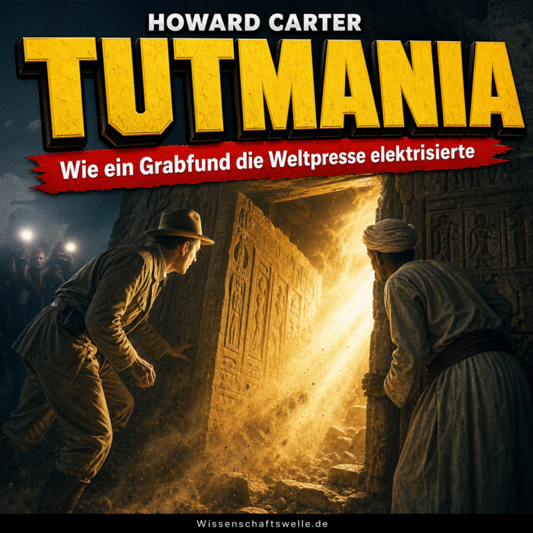 Howard Carter und ein ägyptischer Vorarbeiter blicken in ein geöffnetes Grab, aus dem goldenes Licht strömt; darüber steht der Titel TUTMANIA.