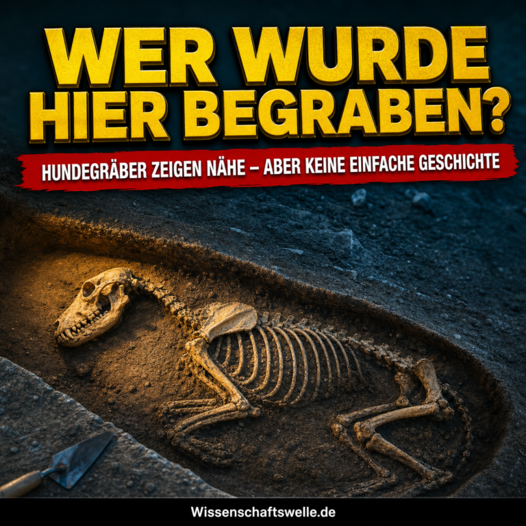 Freigelegtes prähistorisches Hundeskelett in einer ovalen Grabgrube unter warmem Grabungslicht.