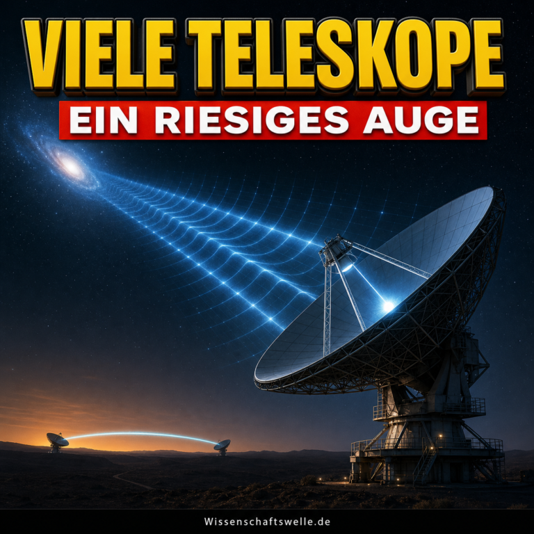 Drei Radioteleskope unter Sternenhimmel, verbunden durch leuchtende Signalwellen als Sinnbild der astronomischen Interferometrie