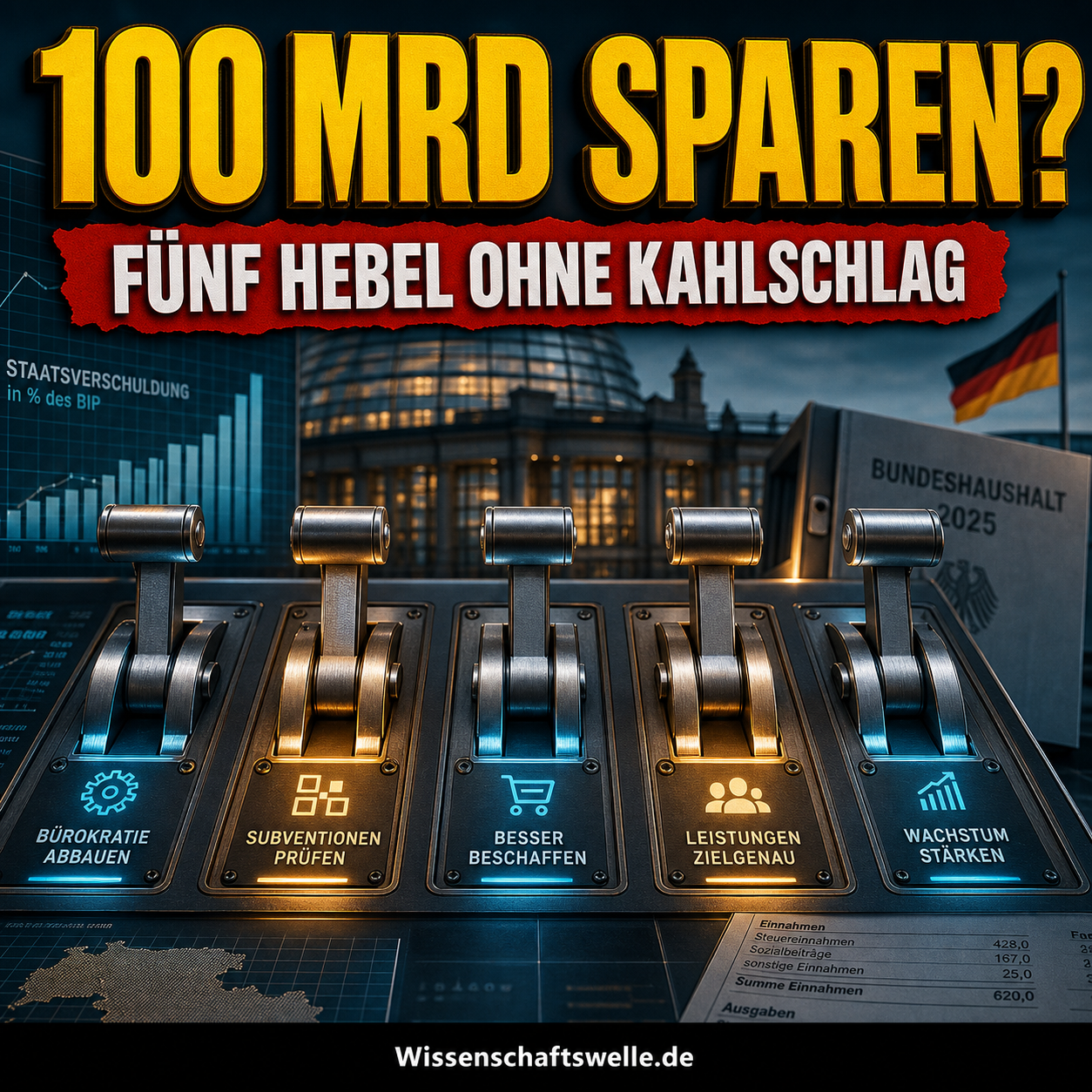 Fünf massive Metallhebel vor einer eurobeleuchteten deutschen Haushaltskulisse, darüber eine große gelbe Schlagzeile zum Sparpotenzial des Staates.