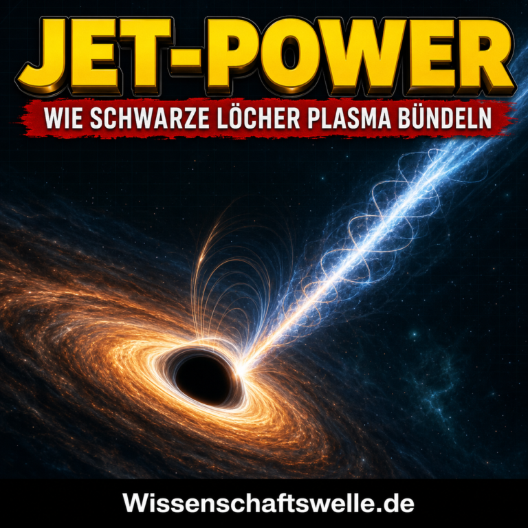 Visualisierung eines Schwarzen Lochs mit leuchtender Akkretionsscheibe und einem gebündelten Plasmastrahl