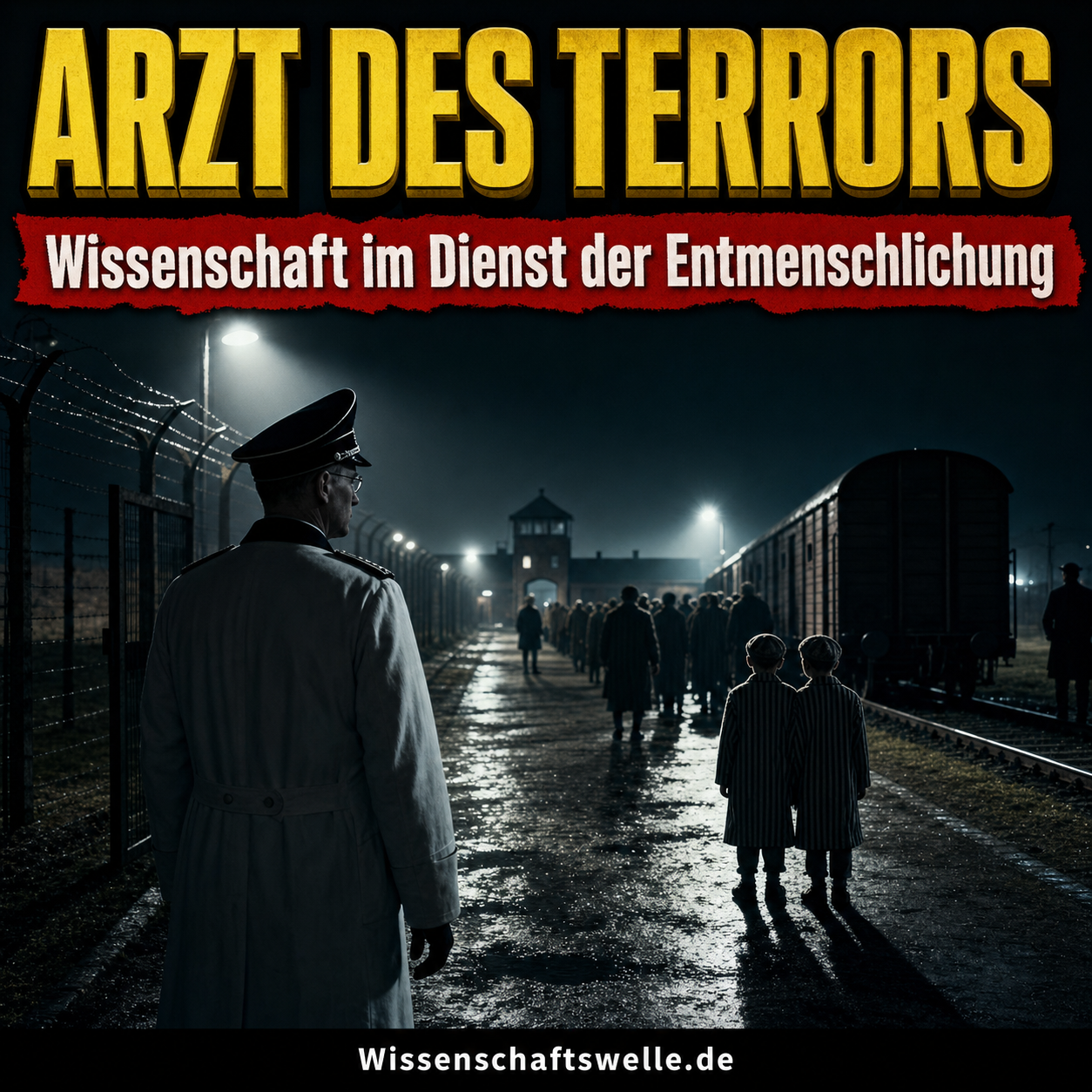 Quadratisches Cover mit der Silhouette eines SS-Arztes auf einer dunklen Lagerrampe, kaltem Scheinwerferlicht, Stacheldraht und gelber Überschrift „Arzt des Terrors“, dazu rotes Banner mit dem Text „Wissenschaft im Dienst der Entmenschlichung“.