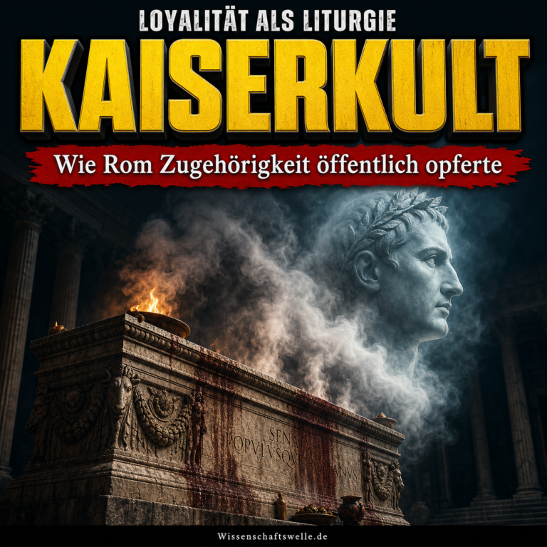 Ein römischer Opferaltar, aus dessen Rauch das geisterhafte Profil eines lorbeerbekränzten Kaisers aufsteigt, vor dunkler Forumskulisse.