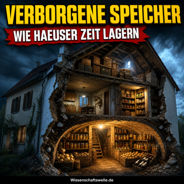 Aufgeschnittenes Haus mit leuchtendem Vorratskeller voller Gläser, Kartoffeln und Wein, kleiner Speisekammer und Dachboden mit gelagerten Kisten.