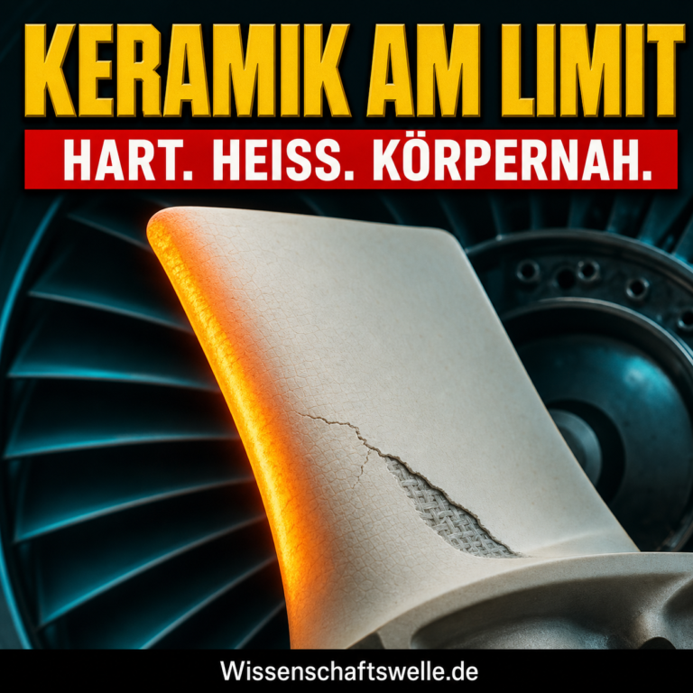 Glühende technische Keramik-Schaufel vor einer Turbine; ein kontrollierter Riss macht die faserverstärkte Struktur sichtbar.