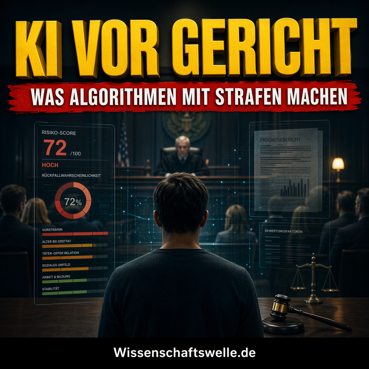 Dunkler Gerichtssaal mit einer Person vor dem Richterpult, darüber ein transparentes digitales Risikodisplay; gelbe Schlagzeile „KI VOR GERICHT“, rotes Banner „WAS ALGORITHMEN MIT STRAFEN MACHEN“.