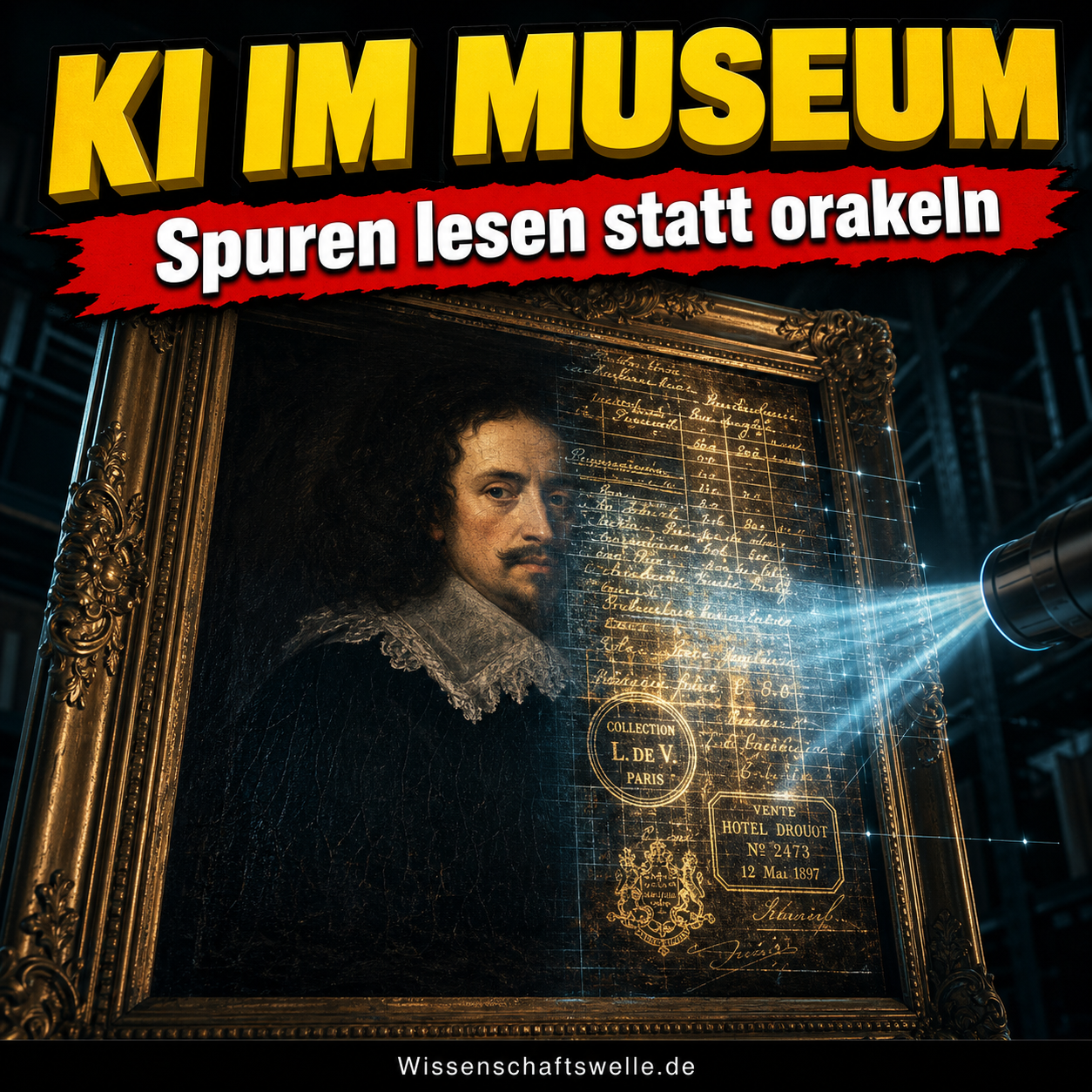 Ein altes Gemälde im Museumsrahmen wird von einem kalten Lichtstrahl abgetastet, während Provenienznotizen und Besitzstempel auf der Bildoberfläche sichtbar werden.