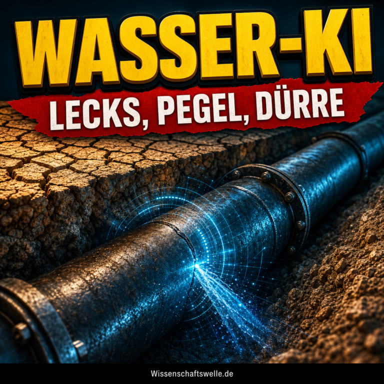 Unter ausgetrocknetem Boden leckt ein großes Wasserrohr, das von blauen digitalen Scans umgeben ist. Darüber stehen die Wörter WASSER-KI und im roten Banner LECKS, PEGEL, DÜRRE.