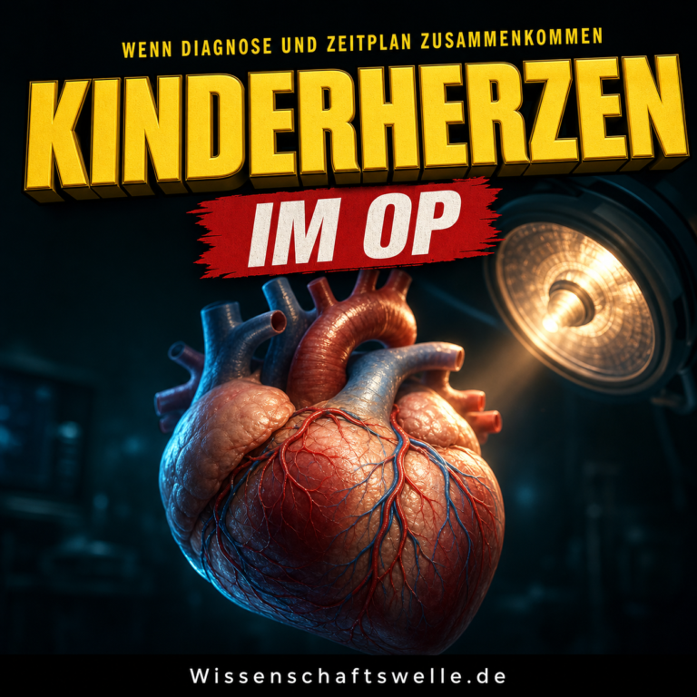 Stilisiertes anatomisches Herz eines Kindes im Licht einer Operationslampe; Cover zu angeborenen Herzfehlern und Kinderherzchirurgie.
