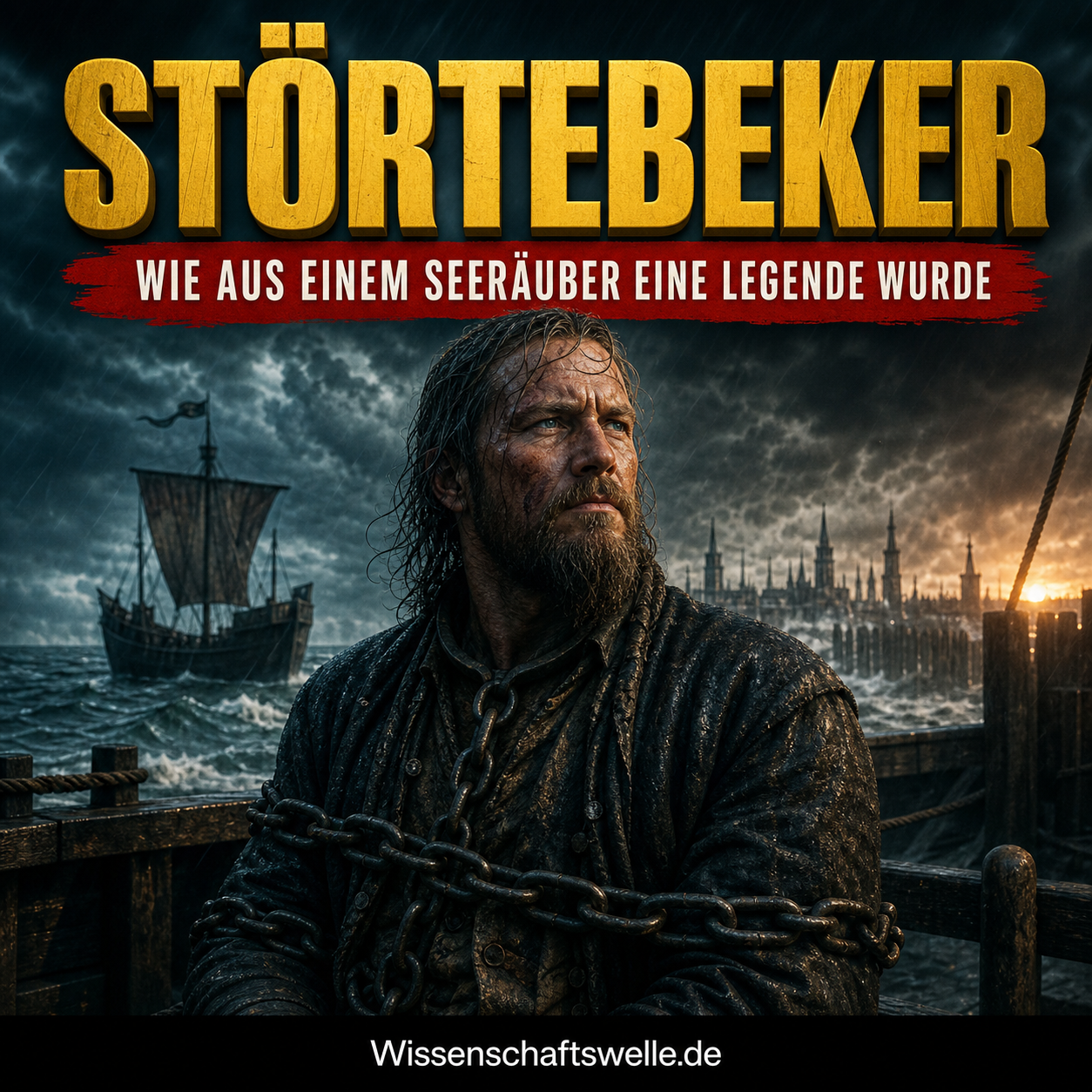 Ein in Ketten gelegter spätmittelalterlicher Seefahrer mit rauem Gesicht steht vor dunkler See und hanseatischen Segeln, darüber die gelbe Titelzeile zu Störtebeker im Wissenschaftswelle-Stil.