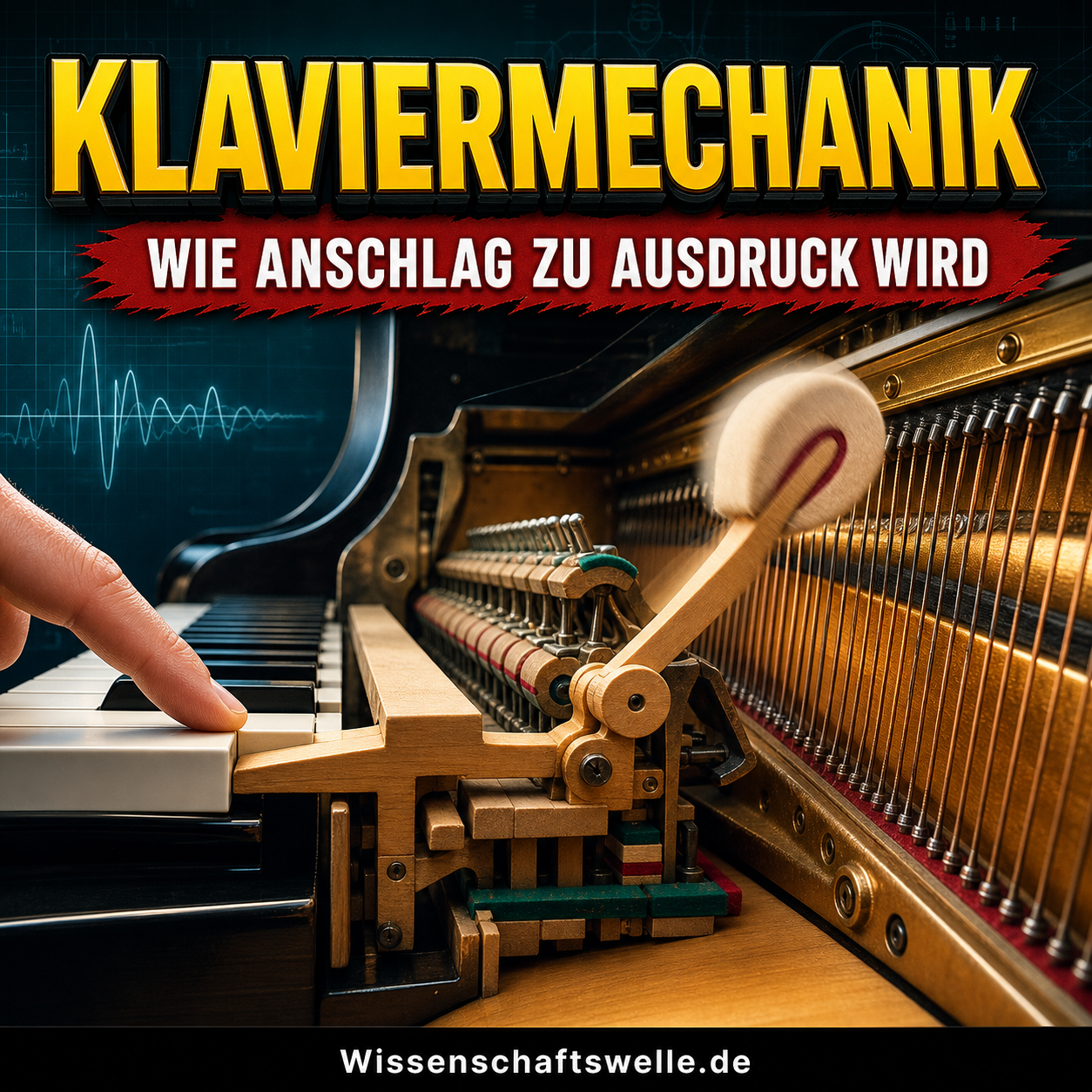 Quadratisches Cover mit gelber Überschrift „Klaviermechanik“, rotem Banner „Wie Anschlag zu Ausdruck wird“ und einer hyperrealistischen Nahaufnahme einer Klaviermechanik mit gedrückter Taste, fliegendem Hammer und sichtbaren Saiten im Flügelinneren.