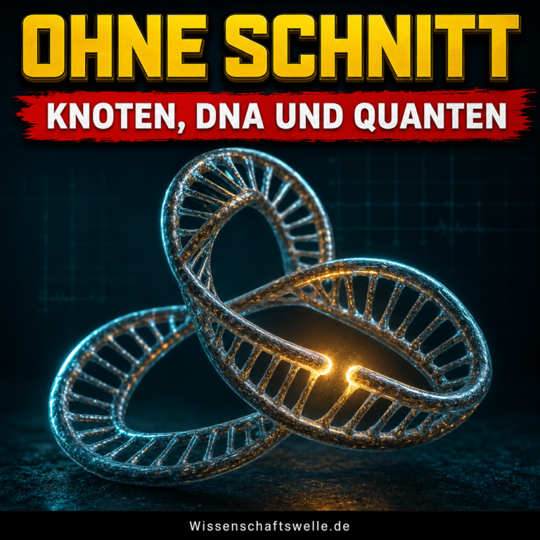Eine leuchtende DNA-Doppelhelix bildet einen Kleeblattknoten; an einer Kreuzung ist ein kleiner goldener Öffnungsmoment sichtbar.
