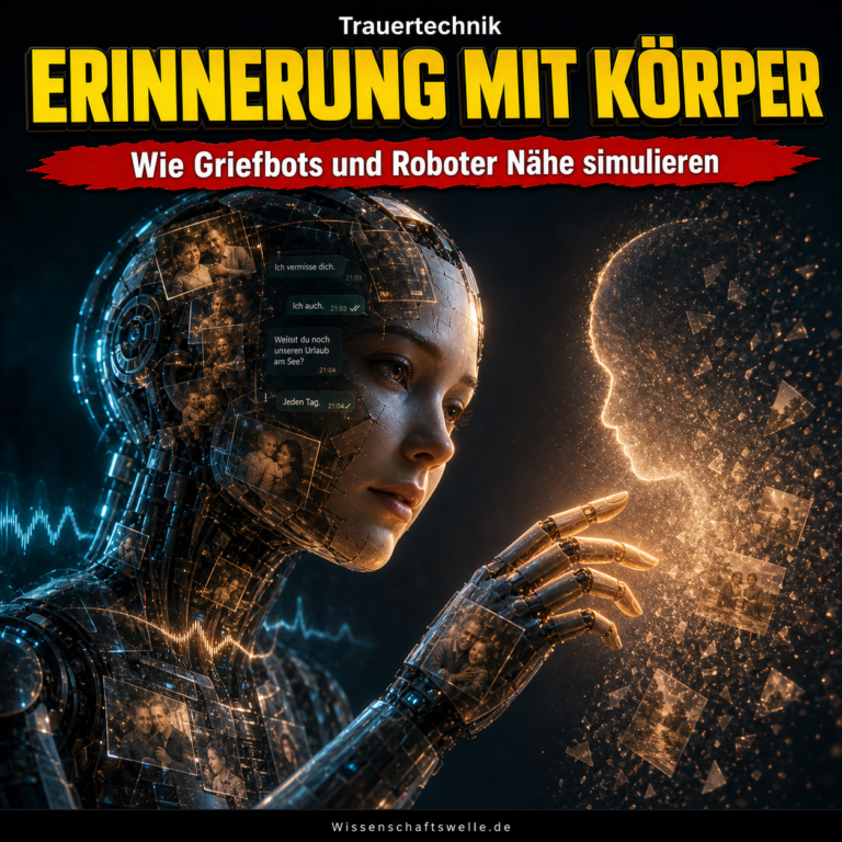 Ein humanoider Roboter aus Familienfotos und Lichtfragmenten streckt die Hand nach einer leuchtenden menschlichen Silhouette aus und visualisiert Griefbots als technische Präsenz in der Trauer.