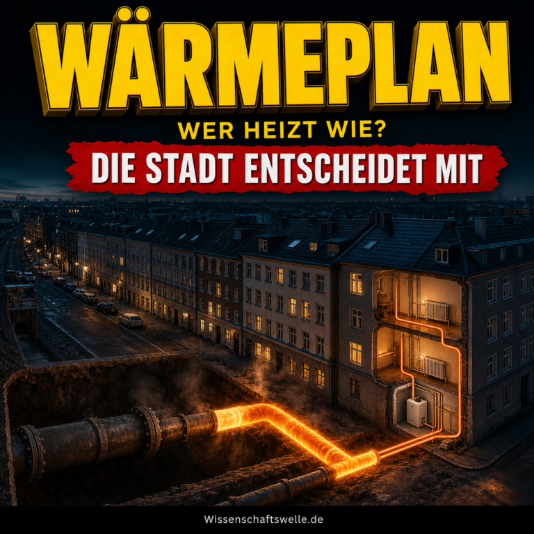 Aufgeschnittenes Stadtquartier bei Nacht: Eine glühende Wärmeleitung verbindet ein Haus mit der kommunalen Infrastruktur.