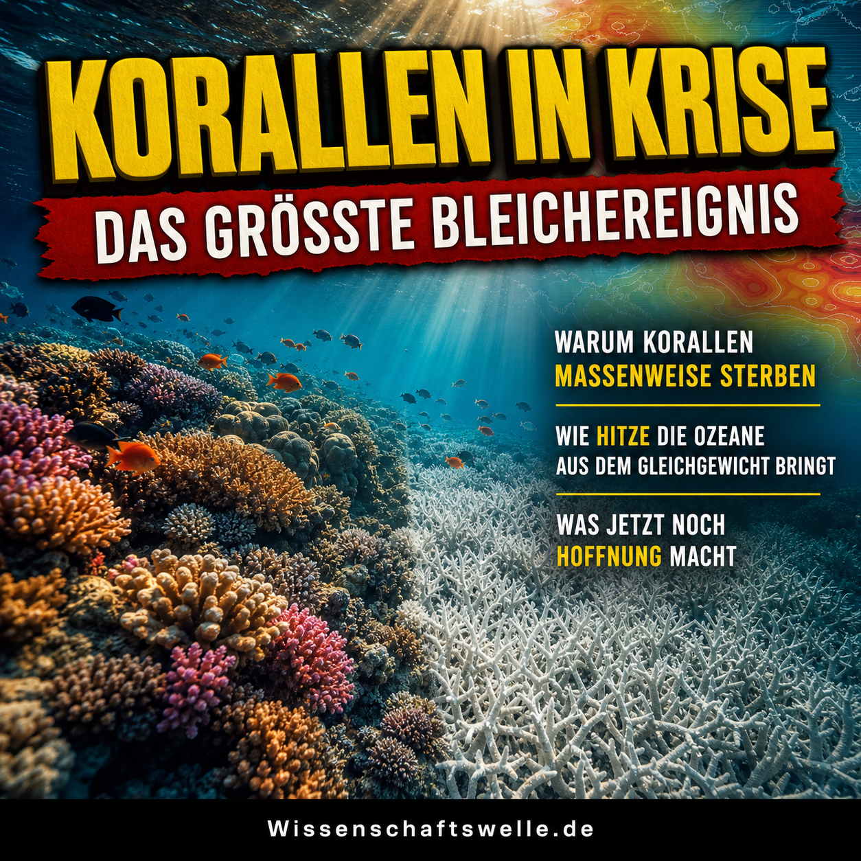 Geteiltes Korallenriff mit farbigen gesunden Korallen links und weiß gebleichten Korallen rechts unter der Überschrift Korallen in Krise.