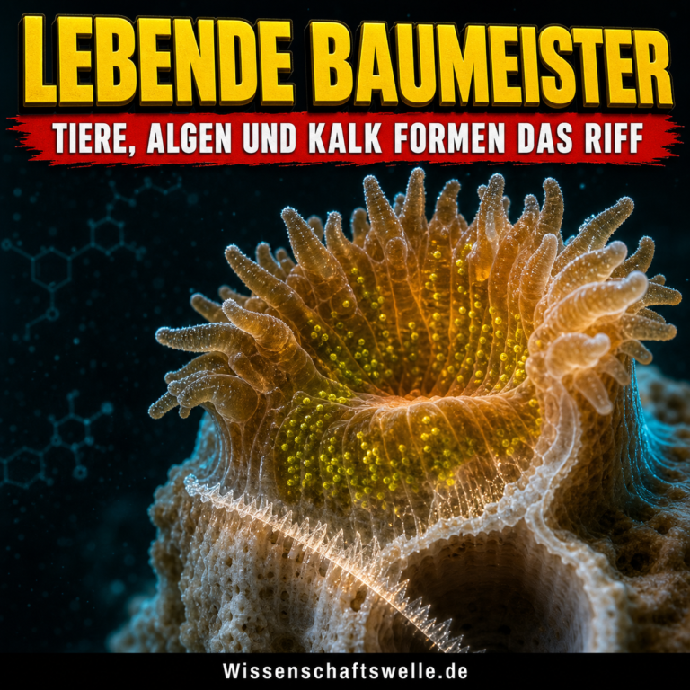 Geöffneter Korallenpolyp mit leuchtenden Algensymbionten über einem neu wachsenden Kalkskelett