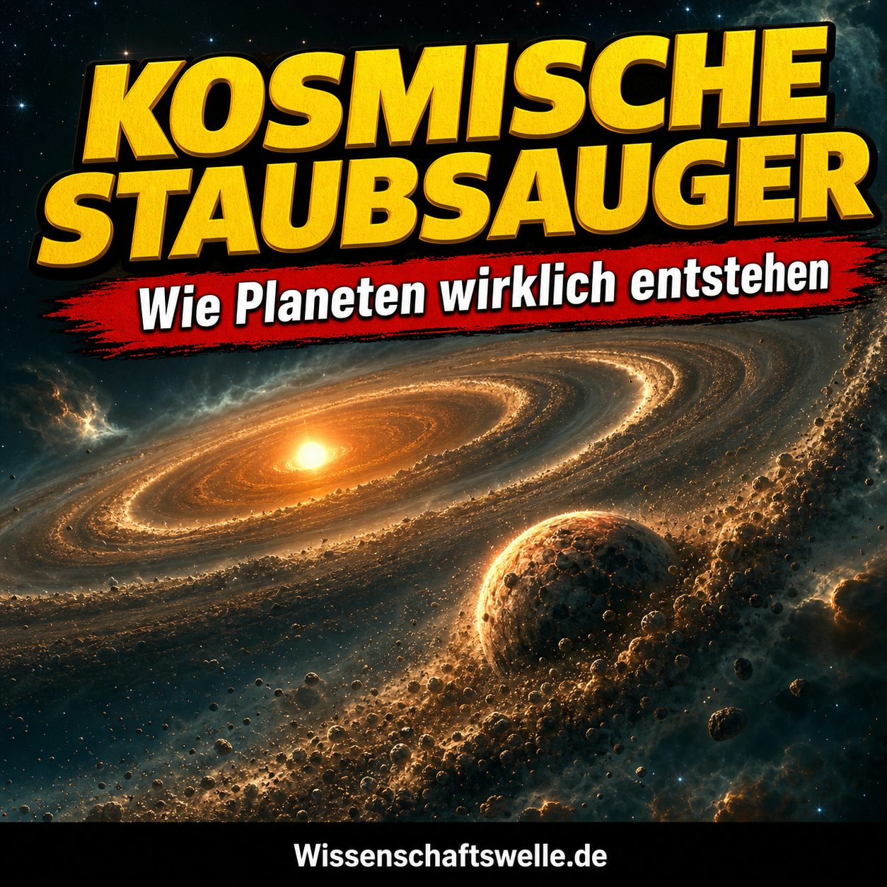 Quadratisches Wissenschaftswelle-Cover mit leuchtender protoplanetarer Scheibe um einen jungen Stern, hellen Staubringspuren und einem glühenden Proto-Planeten im Zentrum der Szene, dazu die gelbe Überschrift „KOSMISCHE STAUBSAUGER“ und der rote Banner „Wie Planeten wirklich entstehen“.
