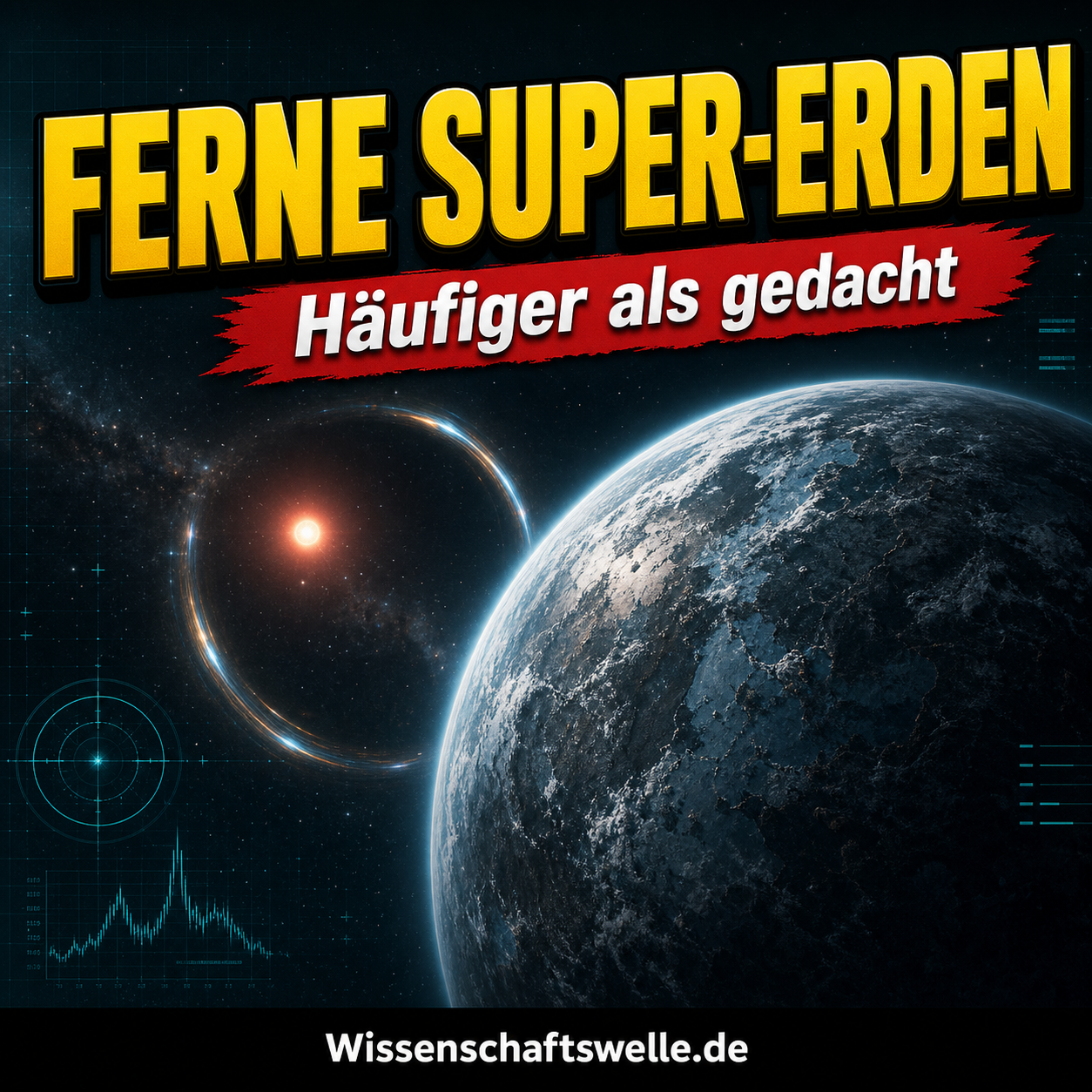 Eine kalte Super-Erde vor einem kleinen rötlichen Stern, mit leuchtender Mikrolinsen-Verzerrung und Sternenfeld im Hintergrund.
