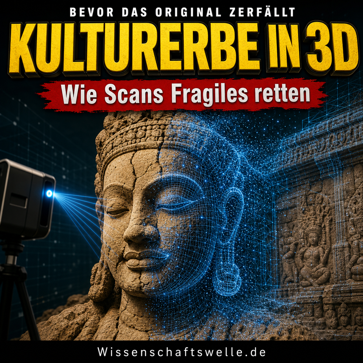 Quadratisches Cover mit einer halb realen, halb als blaue Punktwolke dargestellten Steinbüste vor reliefierter Tempelwand, links ein Scanner mit Lichtstrahlen, dazu die gelbe Überschrift „KULTURERBE IN 3D“ und der rote Banner „Wie Scans Fragiles retten“.