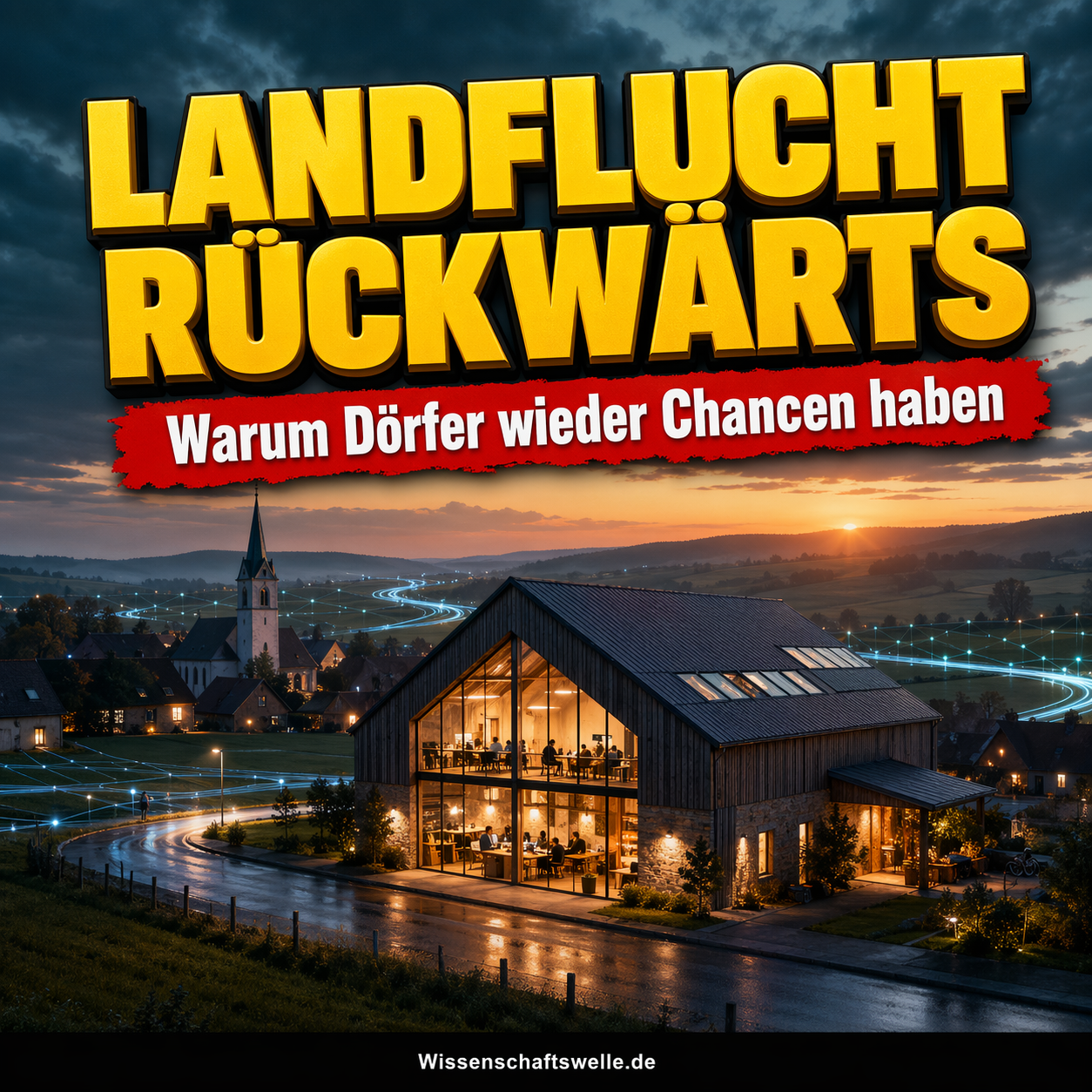 Ein beleuchteter moderner Coworking-Hof in einem Dorf zwischen Feldern bei Sonnenaufgang, durchzogen von digitalen Lichtlinien als Symbol für vernetzte ländliche Innovation.