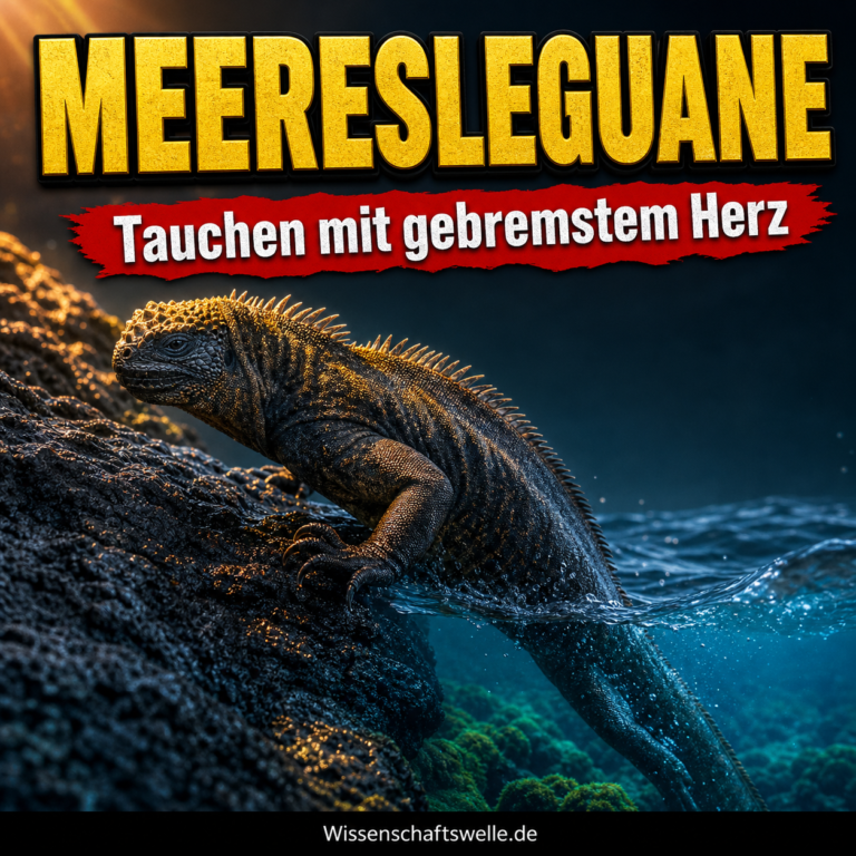 Wissenschaftswelle-Cover mit gelber Überschrift Meeresleguane, rotem Banner und einem Meeresleguan, der halb auf schwarzer Lava und halb im blauen Wasser der Galápagosküste liegt.