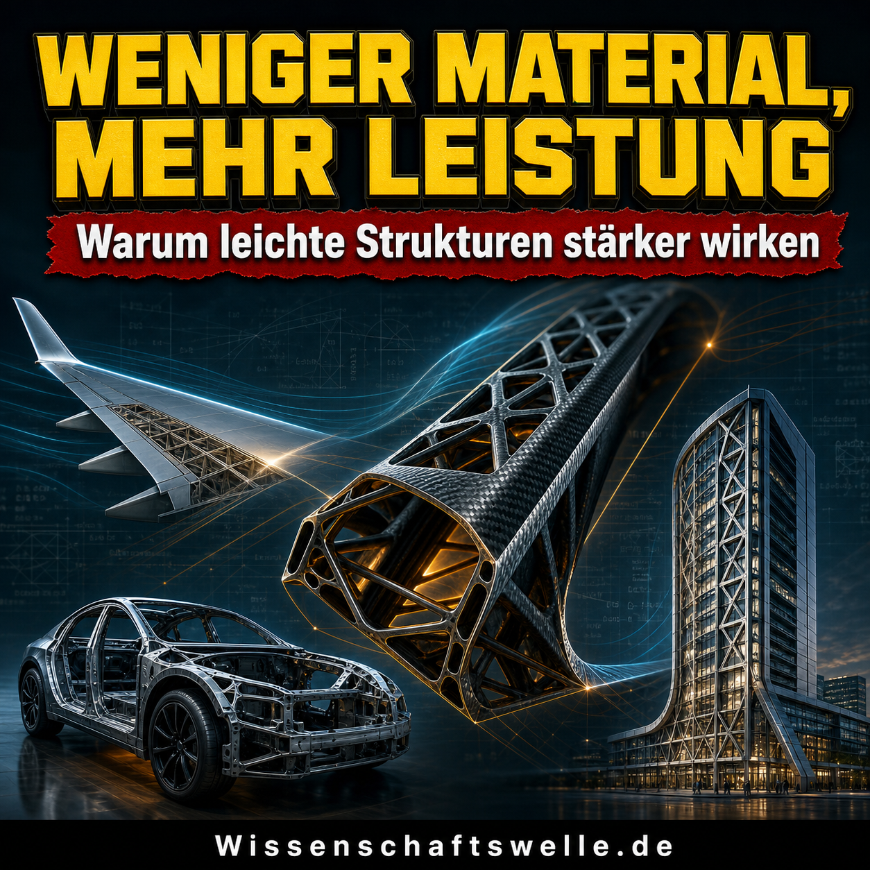 Quadratisches Wissenschaftswelle-Cover mit gelber Überschrift „Weniger Material, mehr Leistung“, rotem Banner „Warum leichte Strukturen stärker wirken“ sowie einem zentralen karbonfaserartigen Leichtbau-Träger neben Flugzeugflügel, Fahrzeugrahmen und Hochhausstruktur.