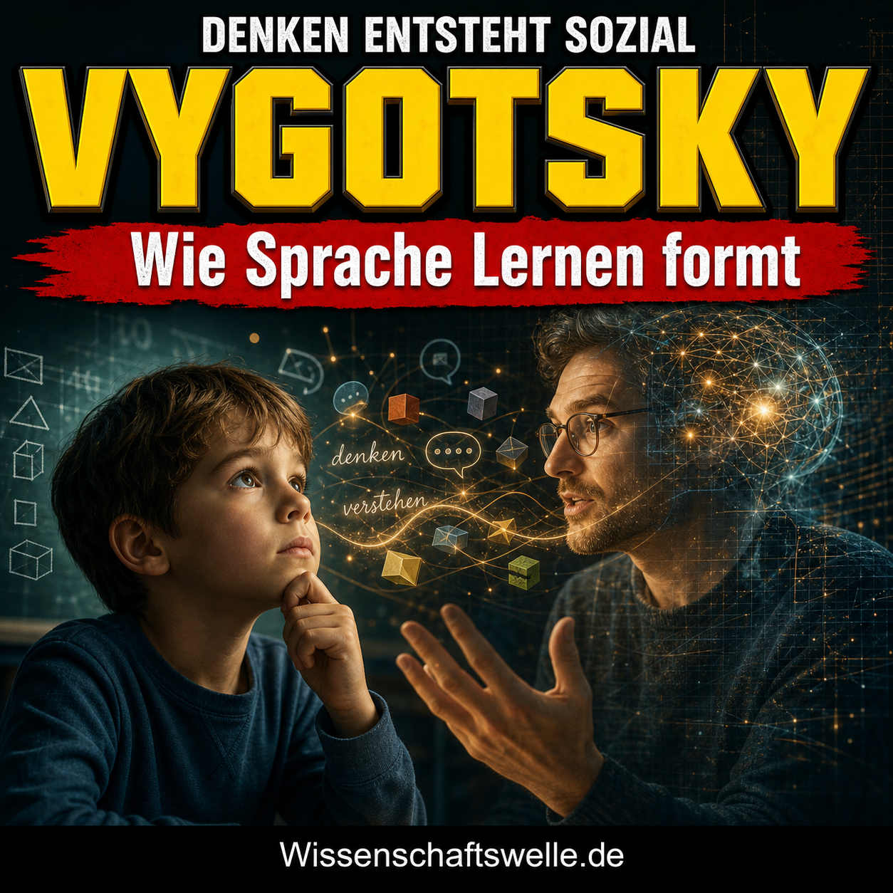 Ein nachdenkliches Kind und ein sprechender Erwachsener stehen sich gegenüber, verbunden durch leuchtende Sprach- und Denkmuster unter der Überschrift Vygotsky.