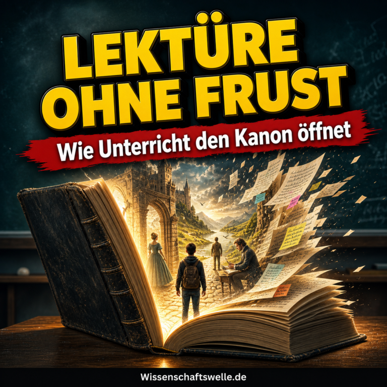 Wissenschaftswelle-Cover mit der gelben Überschrift Lektüre ohne Frust, einem roten Banner und einem aufgeschlagenen Buch, aus dem eine helle literarische Landschaft hervorbricht.