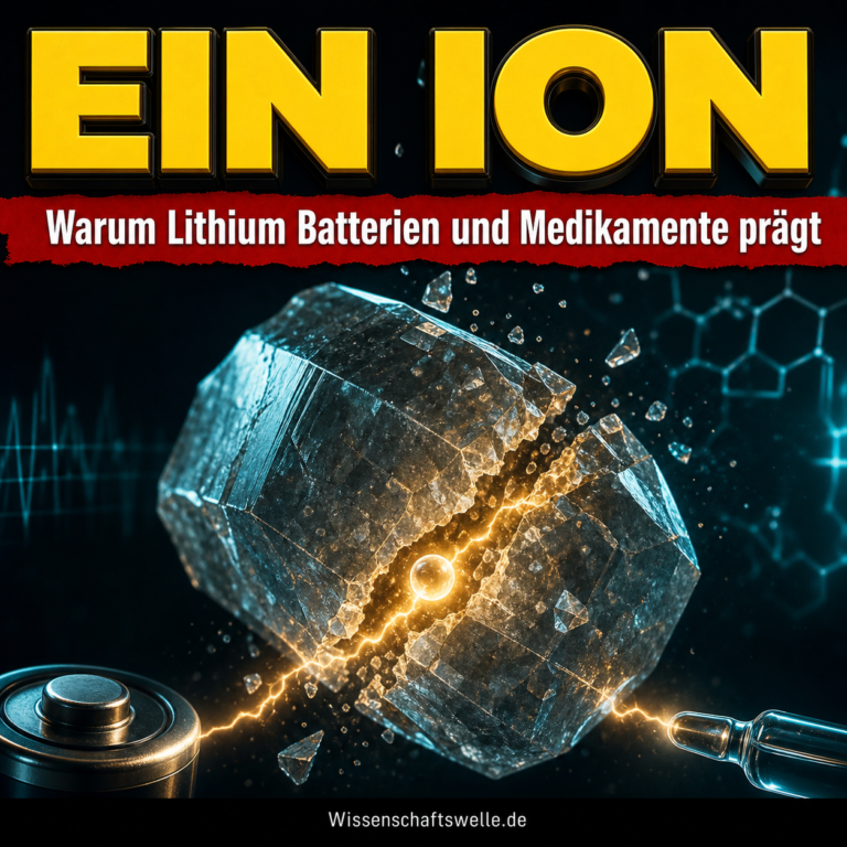 Aufbrechender Lithiumsalzkristall mit leuchtender Ionenbahn zwischen Batterieelektrode und medizinischer Ampulle.