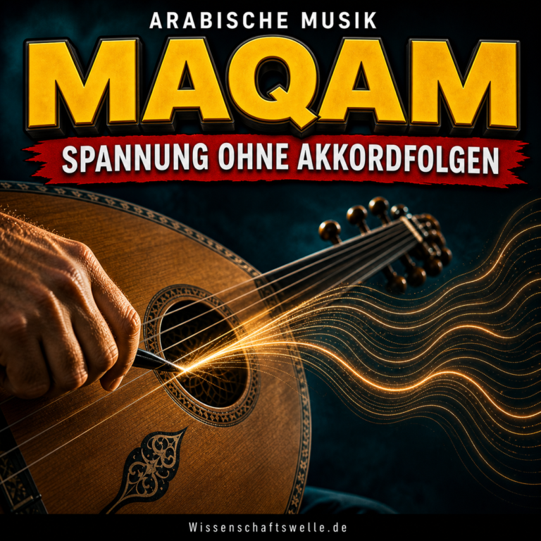 Nahaufnahme einer Oud, deren angespielte Saite in leuchtende Tonlinien übergeht; darüber die Headline „Maqam“ und der Hinweis auf Spannung ohne Akkordfolgen.