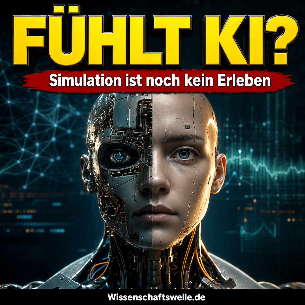 Humanoider Roboterkopf im dramatischen Licht zwischen kalten Datensignalen und menschlich wirkender Augenreflexion als Symbol für die Debatte um künstliches Erleben.