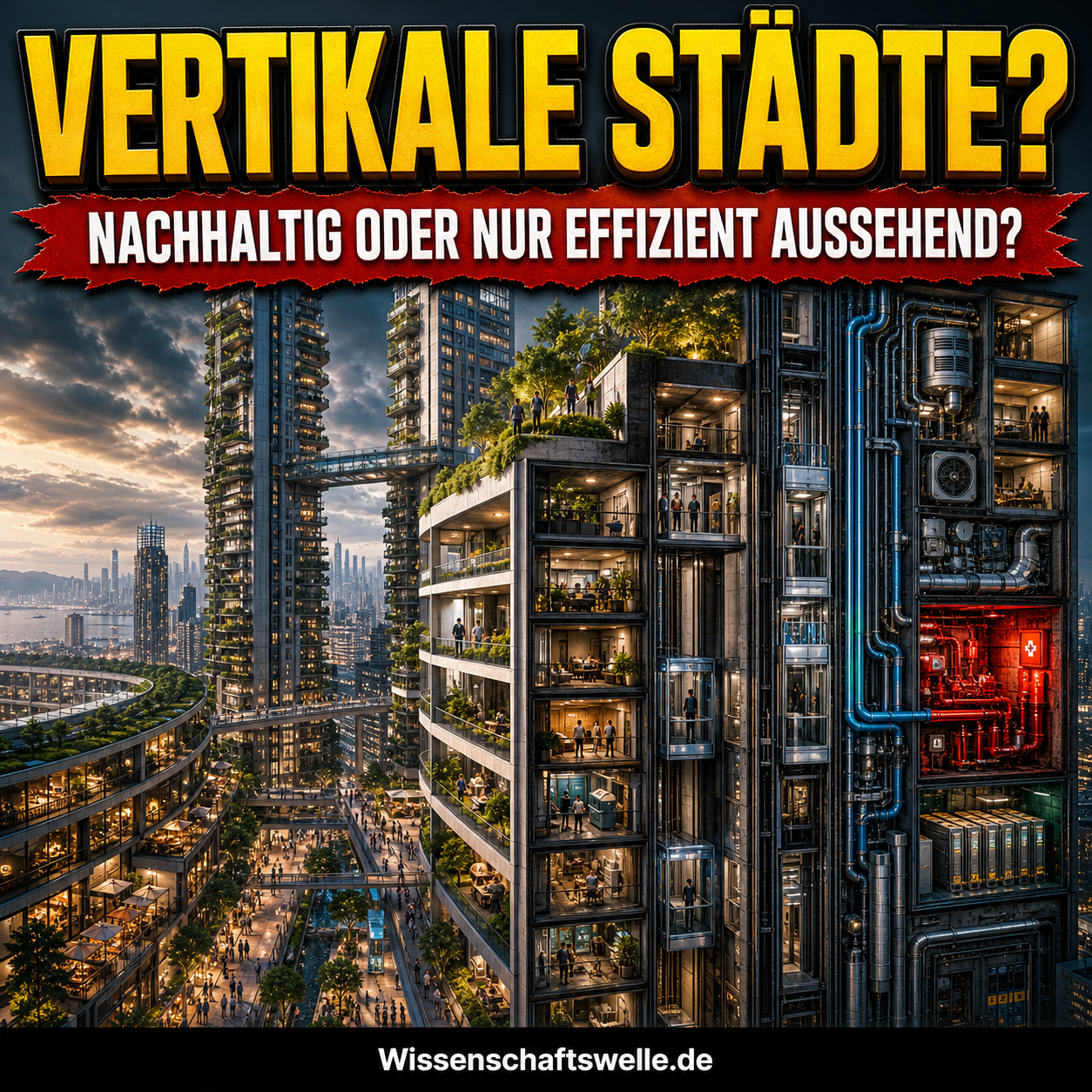 Futuristische vertikale Stadt mit begrünten Hochhäusern, offenen Wohnmodulen, Aufzugsschächten und sichtbarer Gebäudetechnik über einem dichten urbanen Straßenraum.