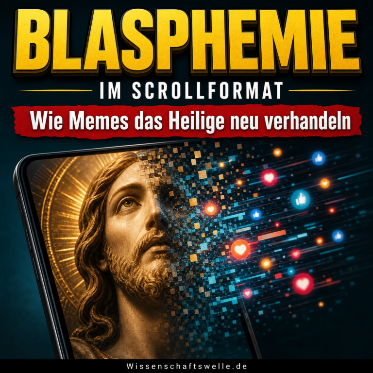 Eine sakrale Figur auf einem Smartphone zerfällt zur Hälfte in digitale Pixel und Reaktionssymbole, als würde sie in Meme-Kultur übergehen.