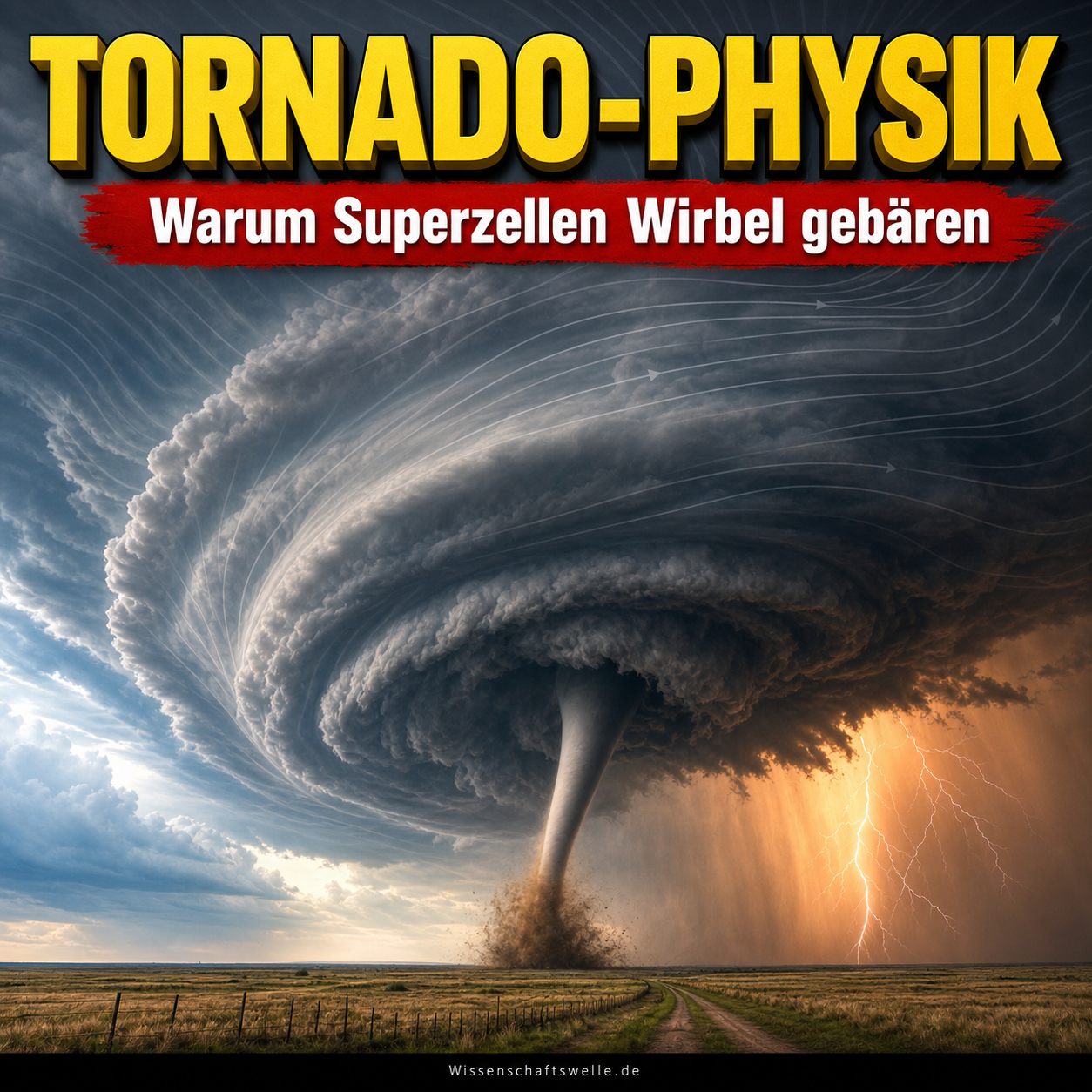 Quadratisches Cover mit einer rotierenden Superzelle über offener Ebene, einem schmalen Tornado-Trichter bis zum Boden, gelber Überschrift „Tornado-Physik“, rotem Banner „Warum Superzellen Wirbel gebären“ und kleinem Footer-Branding „Wissenschaftswelle.de“.