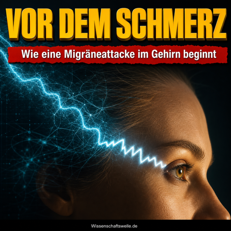 Profil eines Menschen, über dessen Sehbereich eine leuchtende Welle mit Zickzack-Auramuster wandert