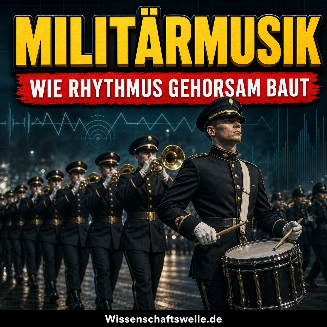 Dramatisches quadratisches Cover mit einem marschierenden Trommler und Blechbläsern in dunkler Paradeformation, hartem Licht, gelber 3D-Überschrift und rotem Banner zum Thema Militärmusik, Rhythmus und Disziplin.