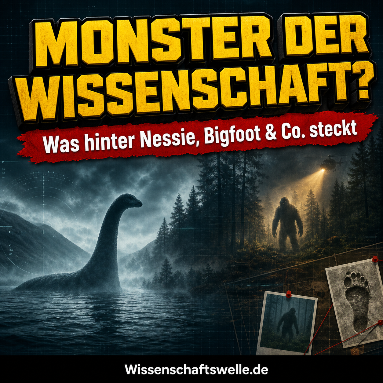 Quadratisches Wissenschaftswelle-Cover mit dunklem See, schemenhafter Monster-Silhouette und forensisch anmutenden Lichtspuren, dazu die Headline über Nessie, Bigfoot und die Wissenschaft hinter modernen Monsterlegenden.