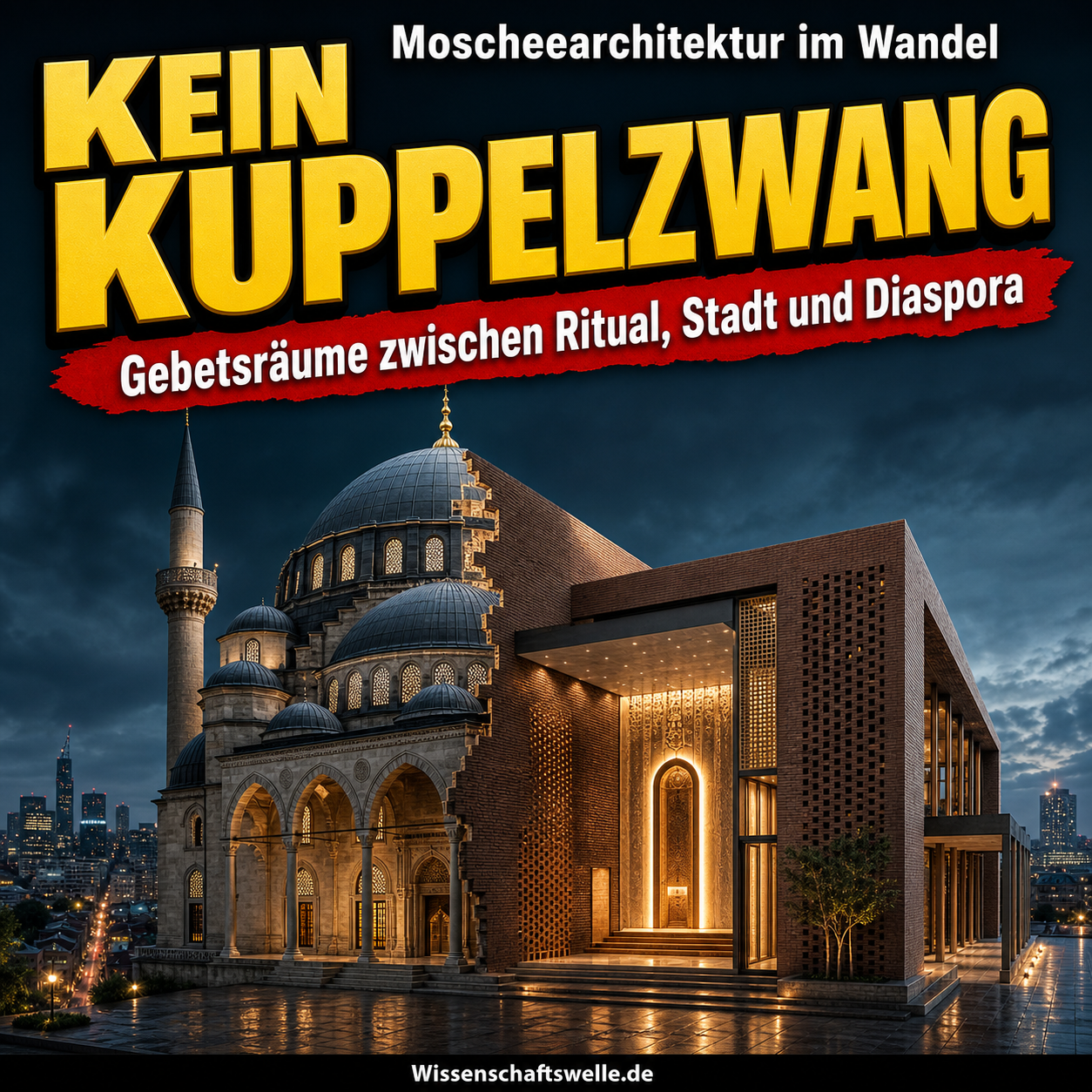 Eine Moschee im Übergang zwischen klassischer Kuppel-Minarett-Silhouette und modernem Backstein-Gebetsraum mit leuchtendem Mihrab vor nächtlicher Stadtkulisse.