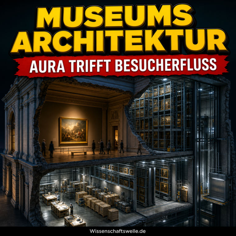 Ein aufgeschnittenes Museumsgebäude mit beleuchtetem Ausstellungsraum, Besucherinnen und Besuchern sowie offen sichtbarem Depot mit Regalen, Kisten und Lastenaufzug.