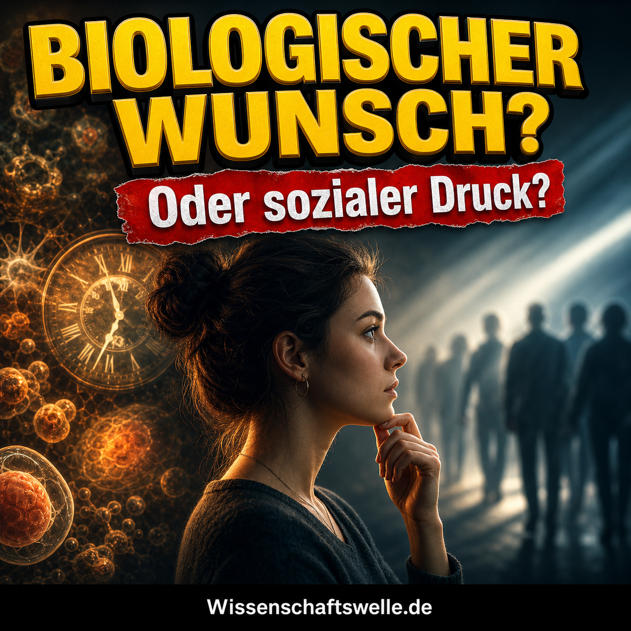 Quadratisches Wissenschaftswelle-Cover mit einer nachdenklichen Person im Profil zwischen leuchtender biologischer Symbolik und sozialen Erwartungssilhouetten, darüber die gelbe Headline „BIOLOGISCHER WUNSCH?“ und auf rotem Banner die Zeile „Oder sozialer Druck?“.
