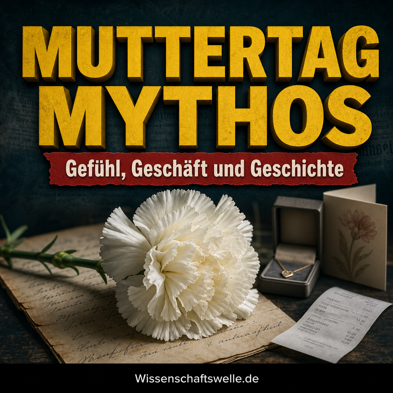 Eine weiße Nelke liegt auf alten Briefen, daneben Schmuckschachtel, Grußkarte und Kassenbon als Symbol für die Geschichte und Kommerzialisierung des Muttertags.